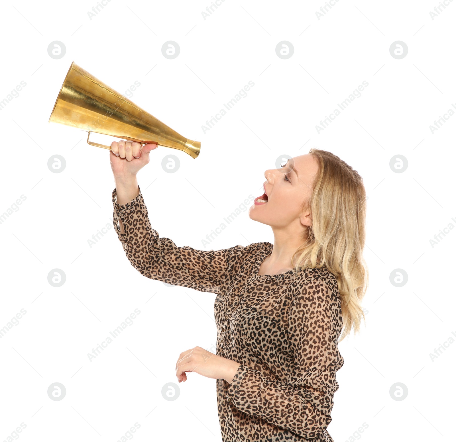 Photo of Young woman shouting into megaphone on white background