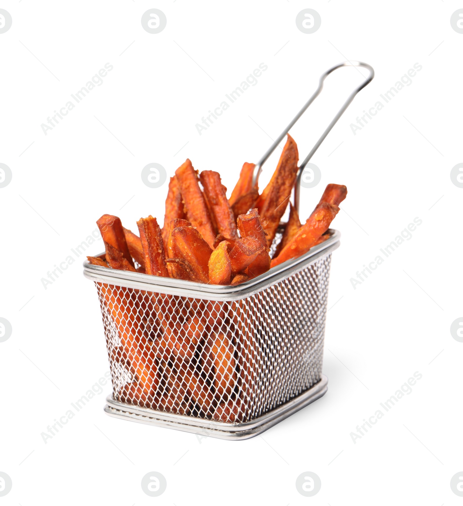 Photo of Delicious sweet potato fries in frying basket isolated on white