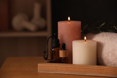 Photo of Beautiful composition with different spa products on wooden table indoors, space for text