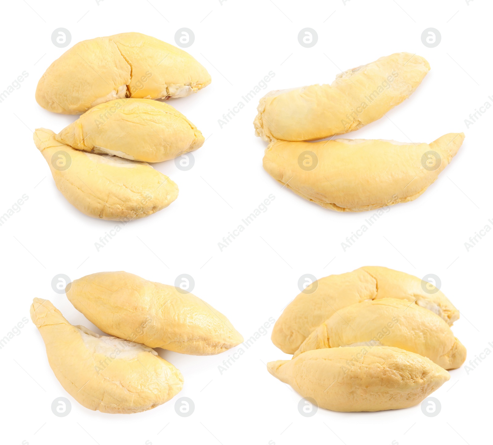 Image of Set with ripe durians on white background