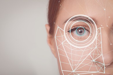 Facial and iris recognition. Woman with digital biometric grid and scan, closeup. Space for text