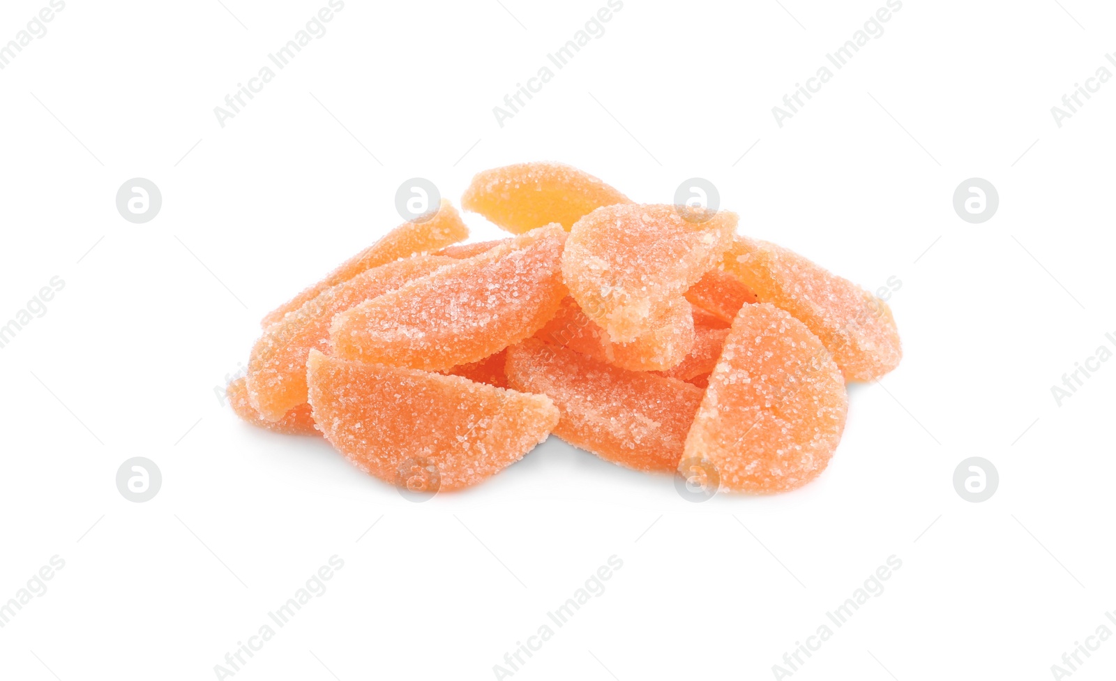 Photo of Sweet orange jelly candies on white background