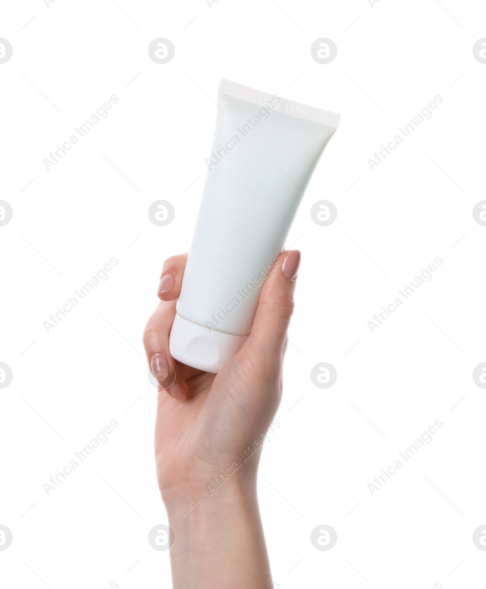 Photo of Woman with tube of cream isolated on white, closeup