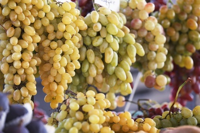 Fresh ripe juicy grapes against blurred background