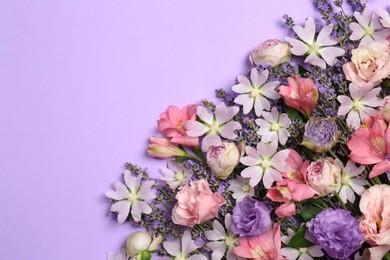 Photo of Flat lay composition with different beautiful flowers on violet background, space for text