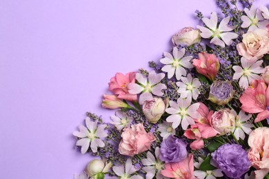 Flat lay composition with different beautiful flowers on violet background, space for text