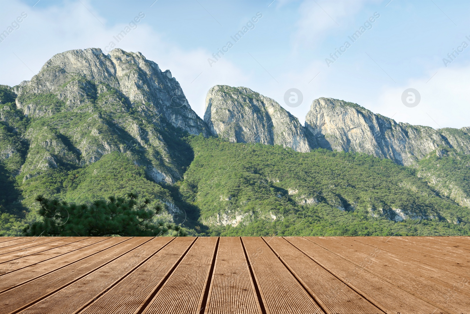 Image of Empty wooden surface and beautiful view of mountain landscape