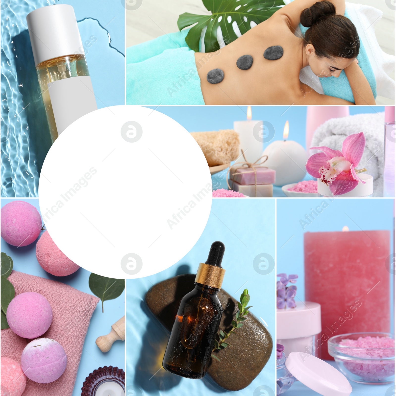 Image of Beauty and health care, collage. Photo of woman relaxing in spa salon, different supplies and products. Space for text