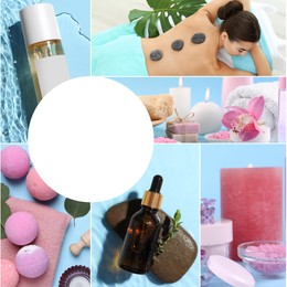 Image of Beauty and health care, collage. Photo of woman relaxing in spa salon, different supplies and products. Space for text