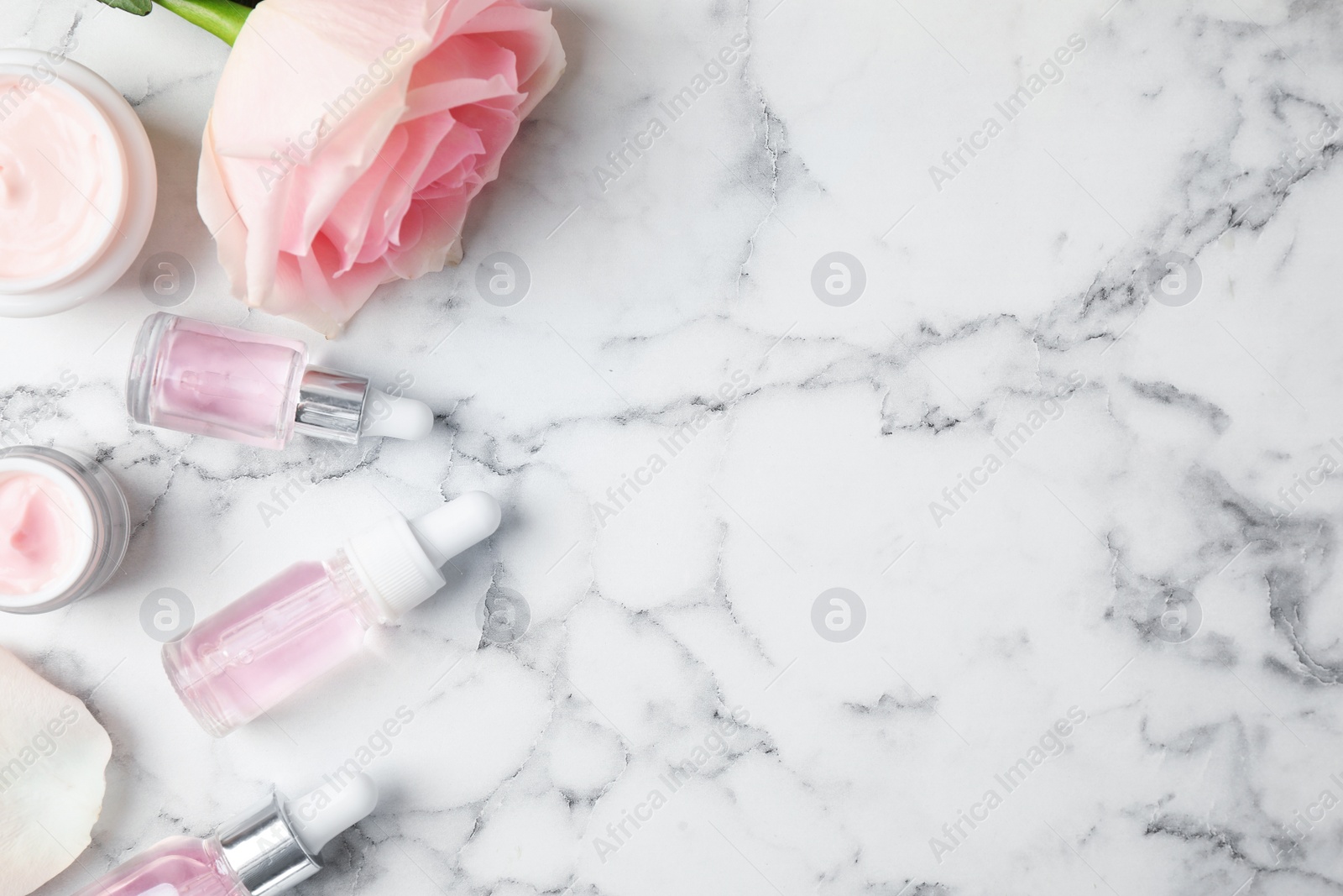 Photo of Flat lay composition with rose essential oil on marble table, space for text