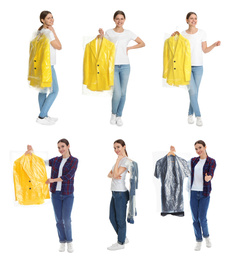 Image of Collage of women holding hangers with clothes on white background. Dry-cleaning service
