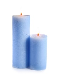 Two decorative blue wax candles on white background