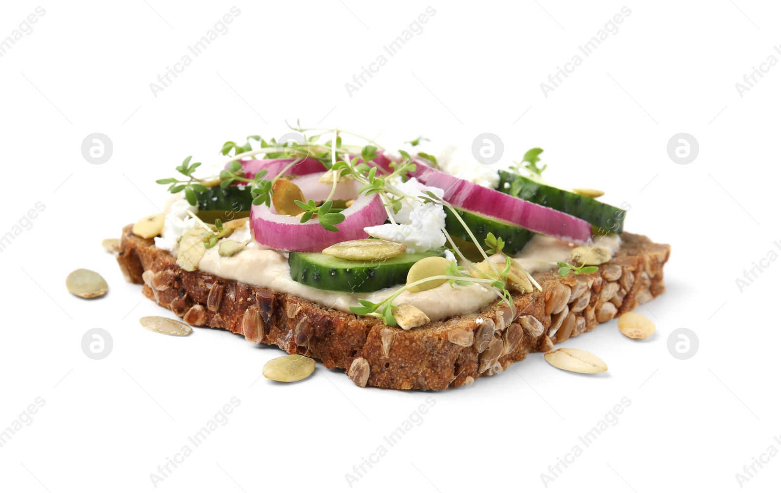 Photo of Tasty vegan sandwich with cucumber, onion, hummus and pumpkin seeds isolated on white