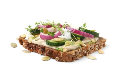 Photo of Tasty vegan sandwich with cucumber, onion, hummus and pumpkin seeds isolated on white