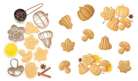 Image of Set with different tasty cookies, cutters and spices on white background, top view