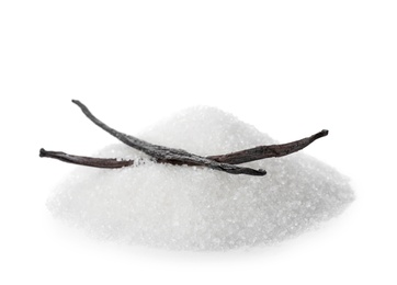 Photo of Vanilla sugar and sticks on white background