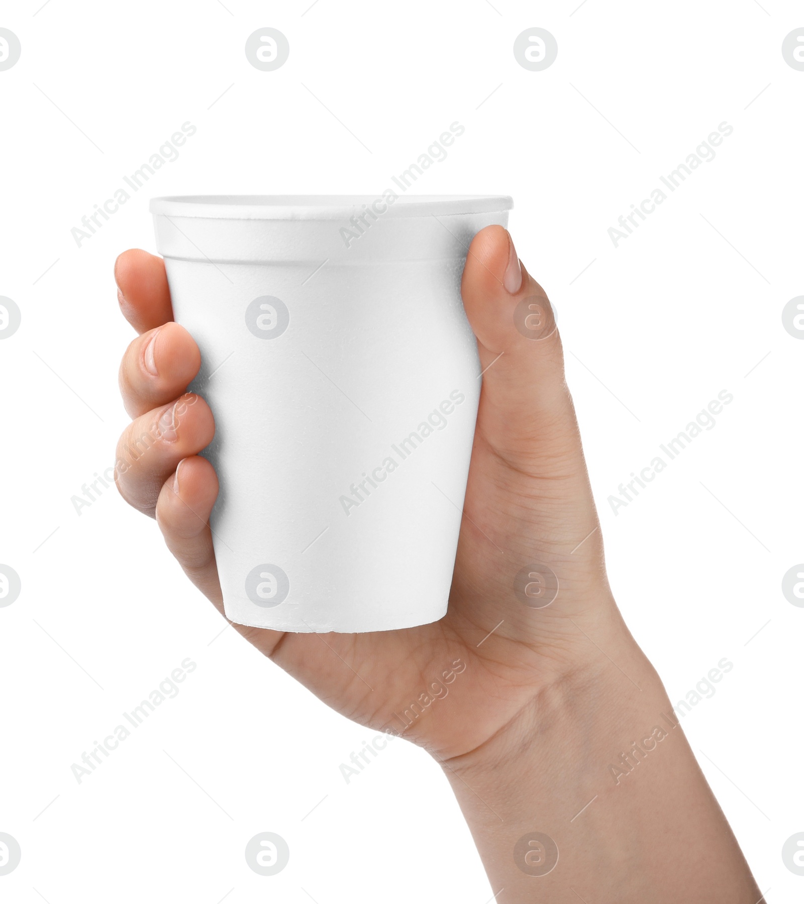 Photo of Woman holding styrofoam cup on white background, closeup