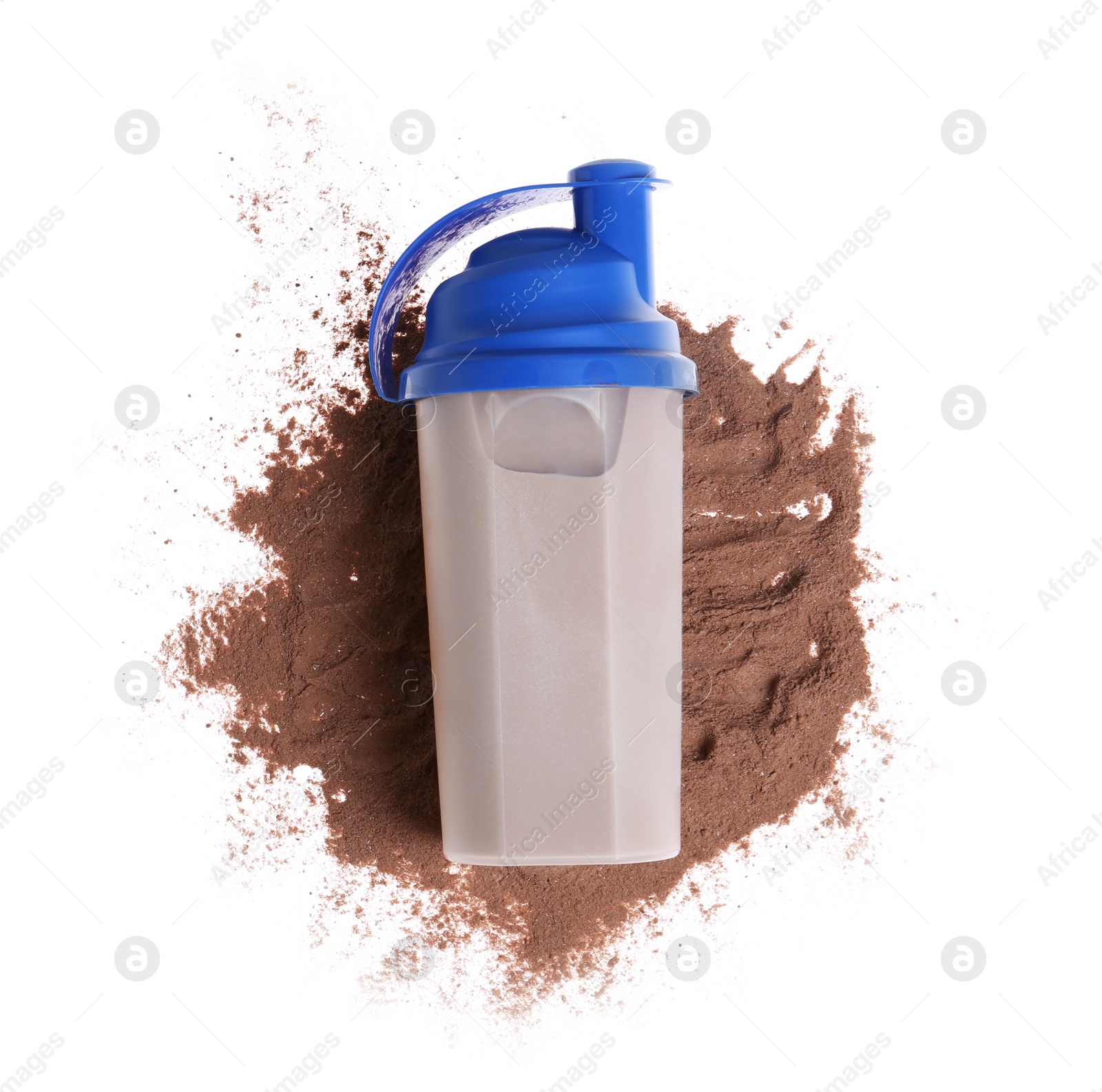 Photo of Protein shake in sport bottle and powder on white background, top view. Space for text