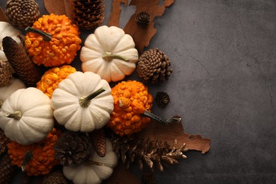 Photo of Flat lay composition with ripe pumpkins on grey table. Space for text