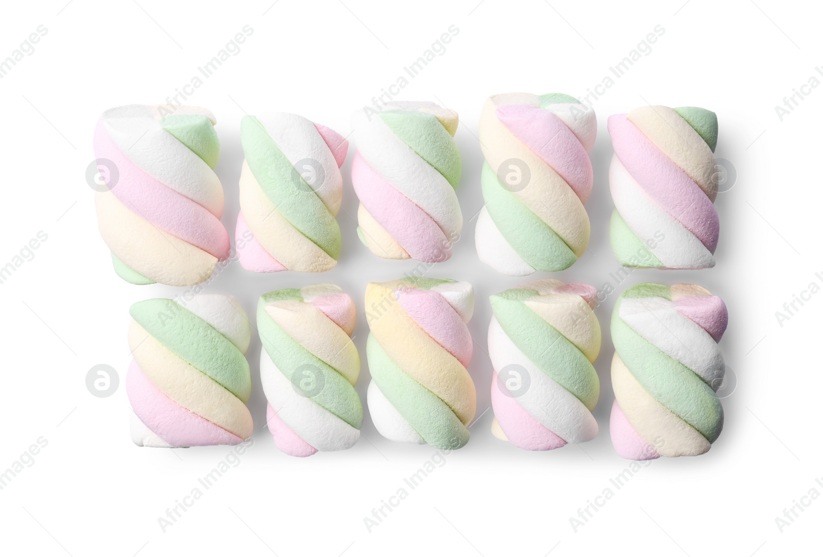 Photo of Delicious colorful marshmallows on white background, top view