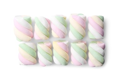 Delicious colorful marshmallows on white background, top view