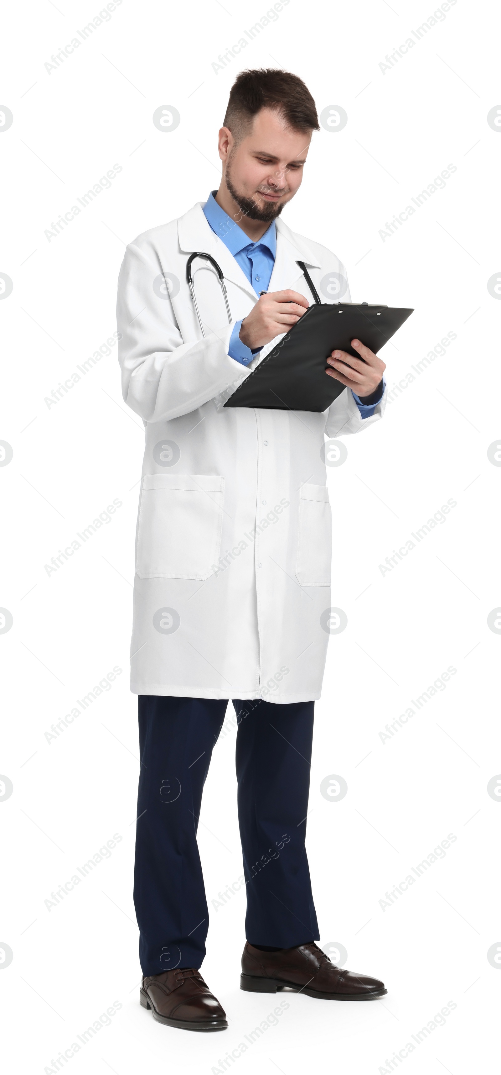 Photo of Doctor in coat with clipboard on white background