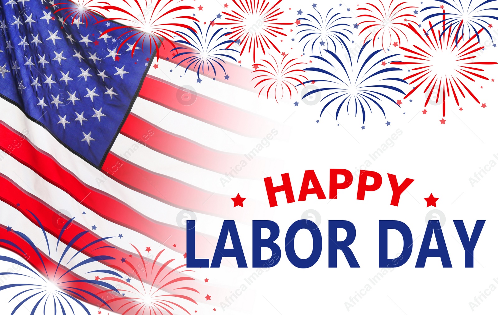 Image of Happy Labor Day. American national flag and fireworks on white background