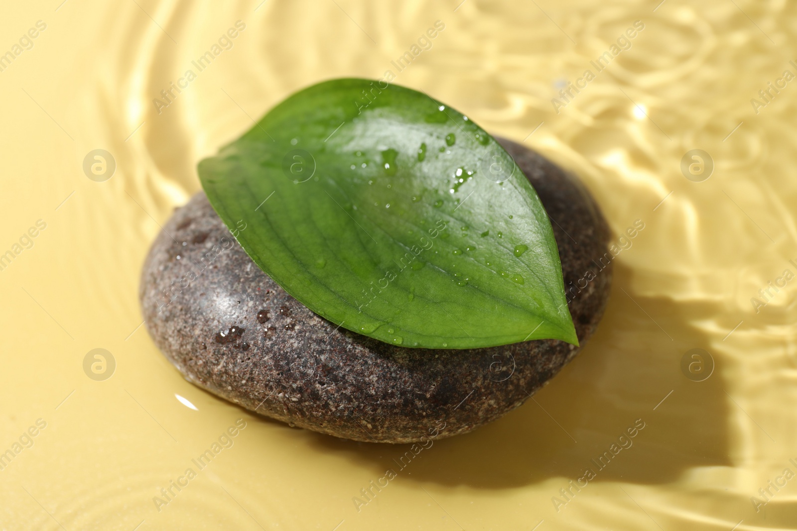 Photo of Spa stone and green leaf on yellow background, closeup