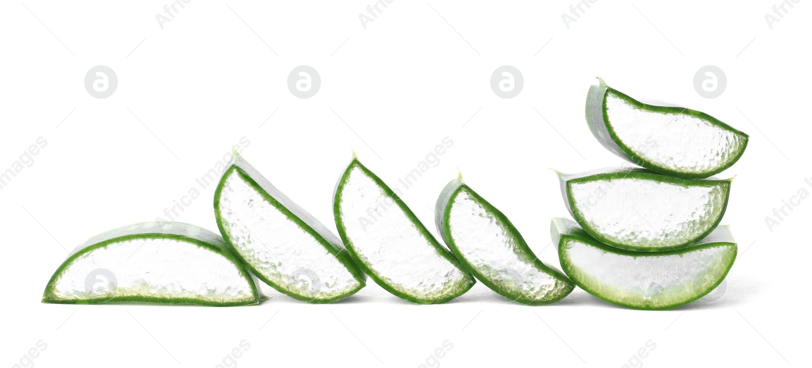 Photo of Aloe vera slices on white background