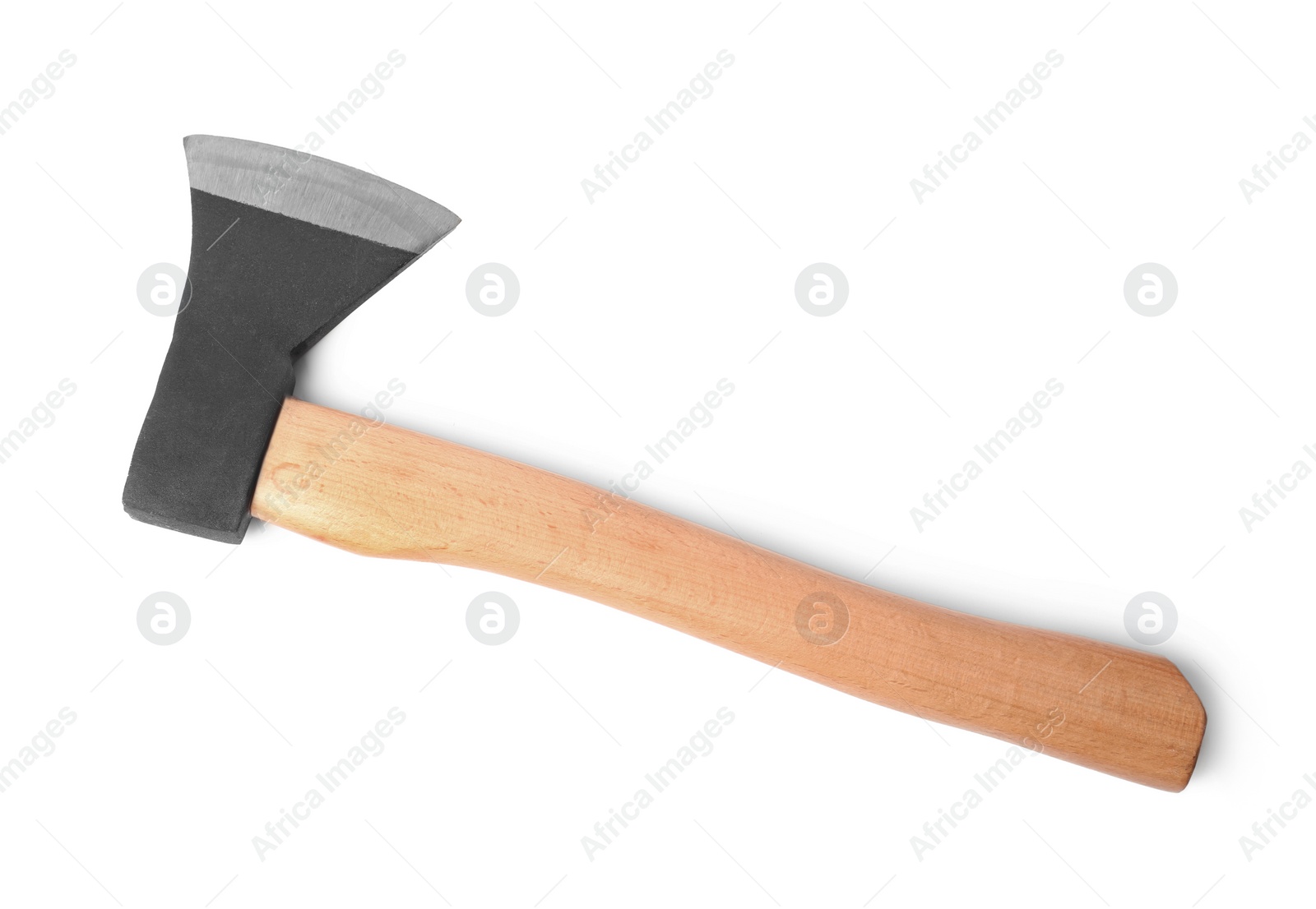 Photo of Metal ax with wooden handle isolated on white, top view