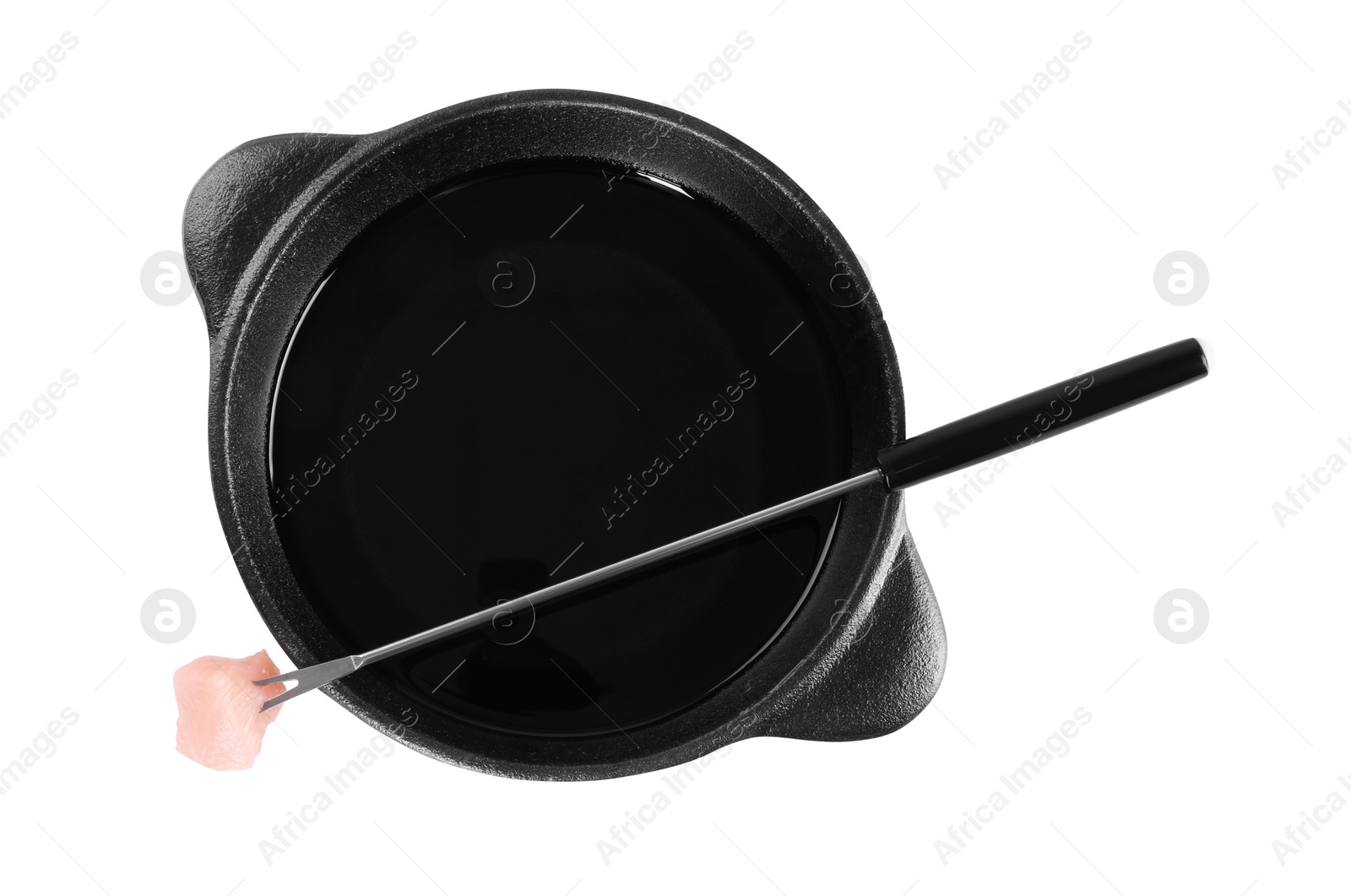 Photo of Fondue pot and fork with raw piece of meat isolated on white, top view