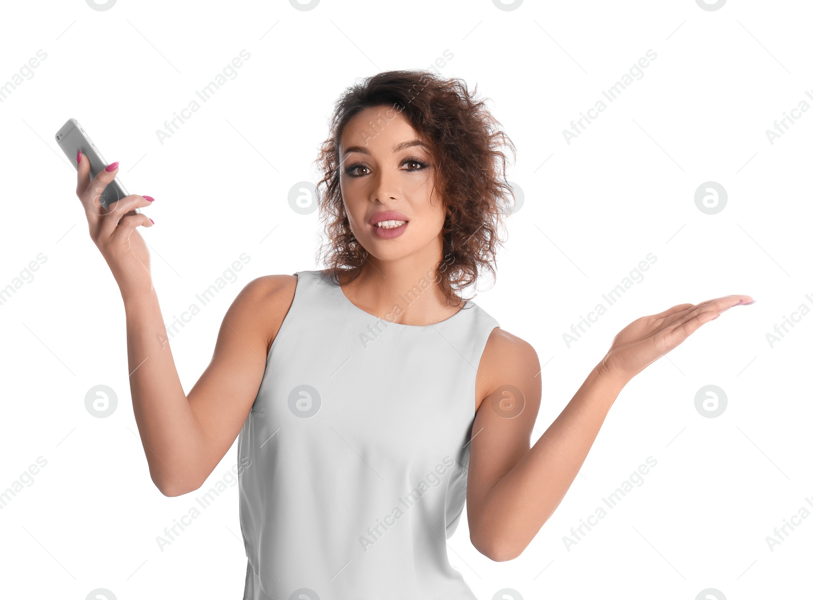 Photo of Emotional woman with phone on white background