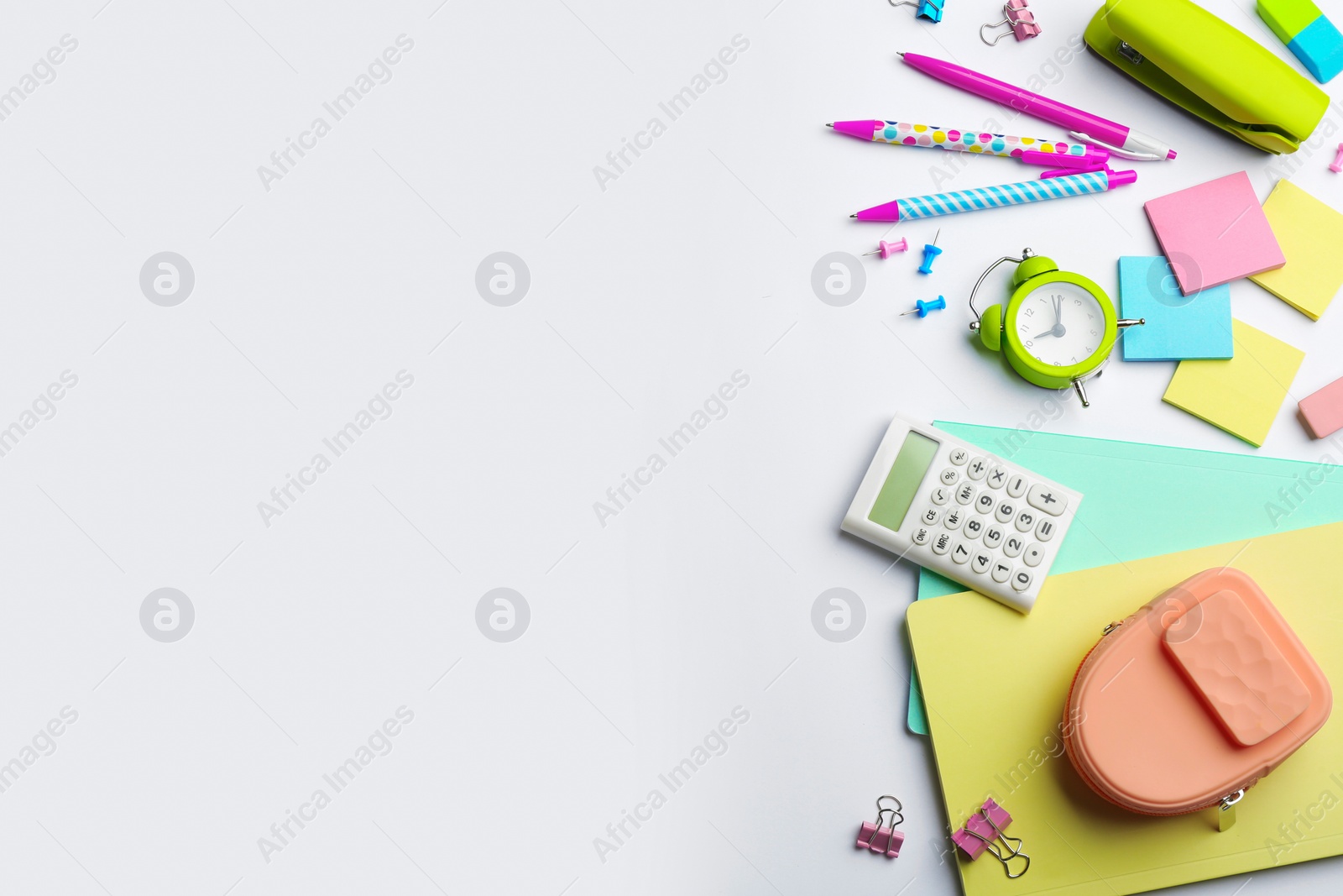 Photo of School stationery on white background, flat lay with space for text. Back to school