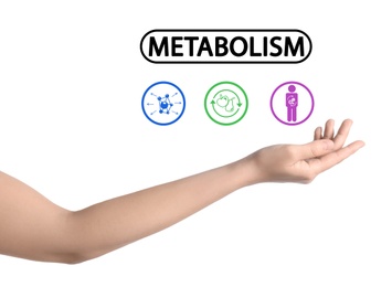 Image of Metabolism concept. Woman and icons on white background, closeup