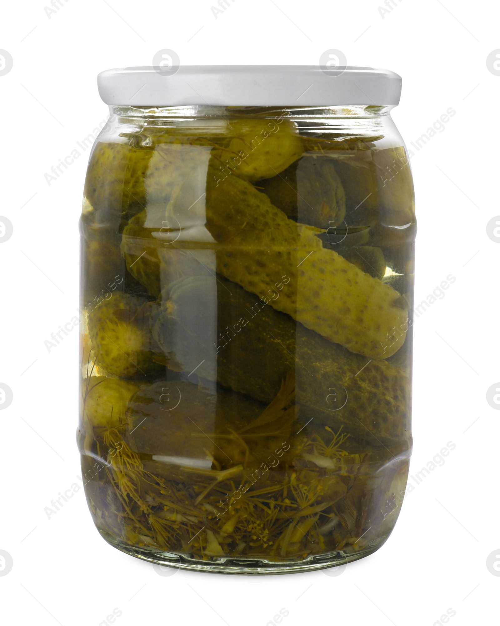 Photo of Jar of tasty pickled cucumbers isolated on white