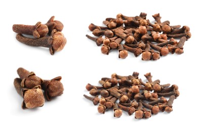 Set with aromatic dried cloves on white background 