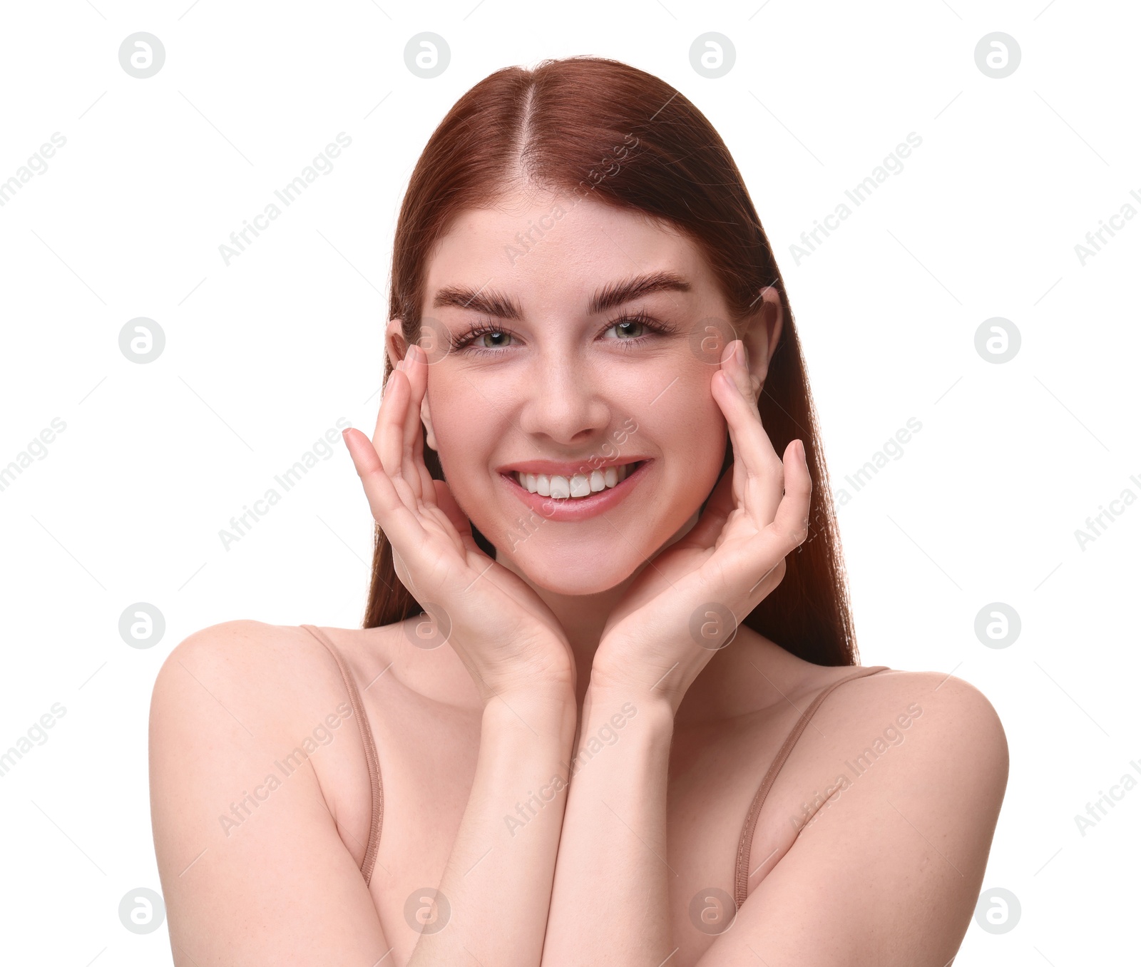 Photo of Portrait of smiling woman on white background