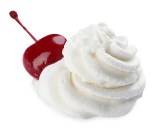 Photo of Delicious fresh whipped cream with cherry isolated on white