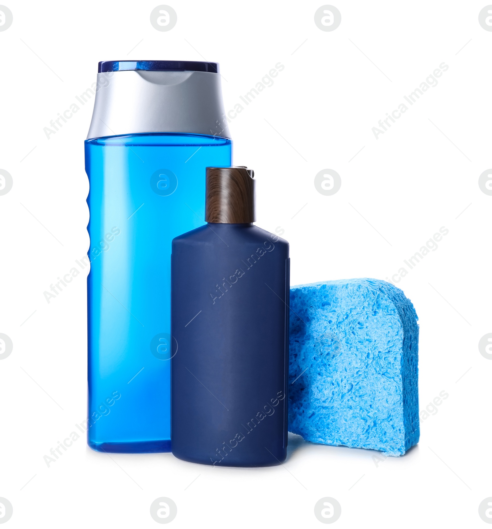 Photo of Shampoo, shower gel and bast wisp isolated on white. Men's cosmetic