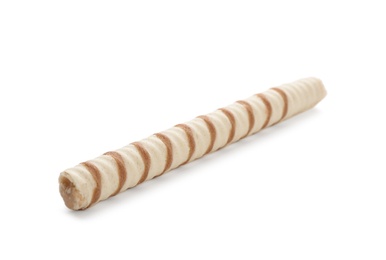 Tasty wafer roll stick on white background. Crispy food