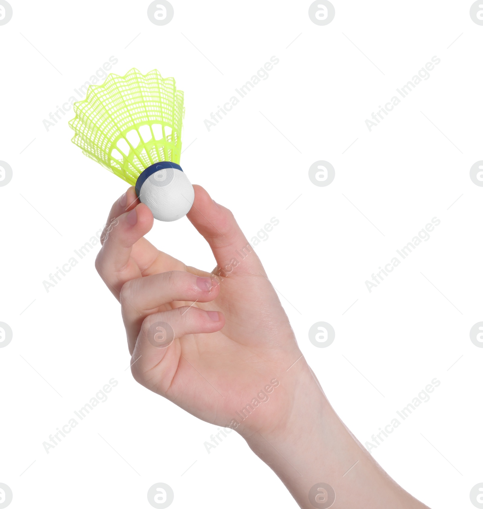 Photo of Boy with badminton shuttlecock on white background, closeup