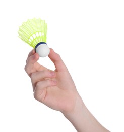 Photo of Boy with badminton shuttlecock on white background, closeup