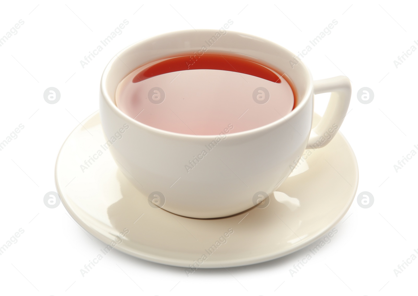 Photo of Ceramic cup of hot aromatic tea on white background