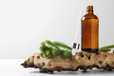 Photo of Bottle of hydrophilic oil and fir twigs on white background, space for text