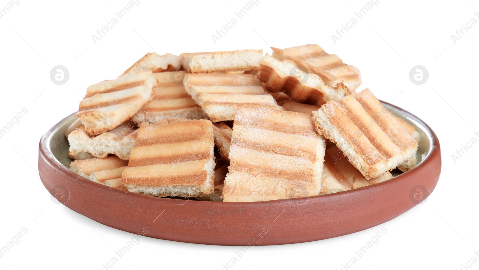 Photo of Delicious crispy pita chips on white background