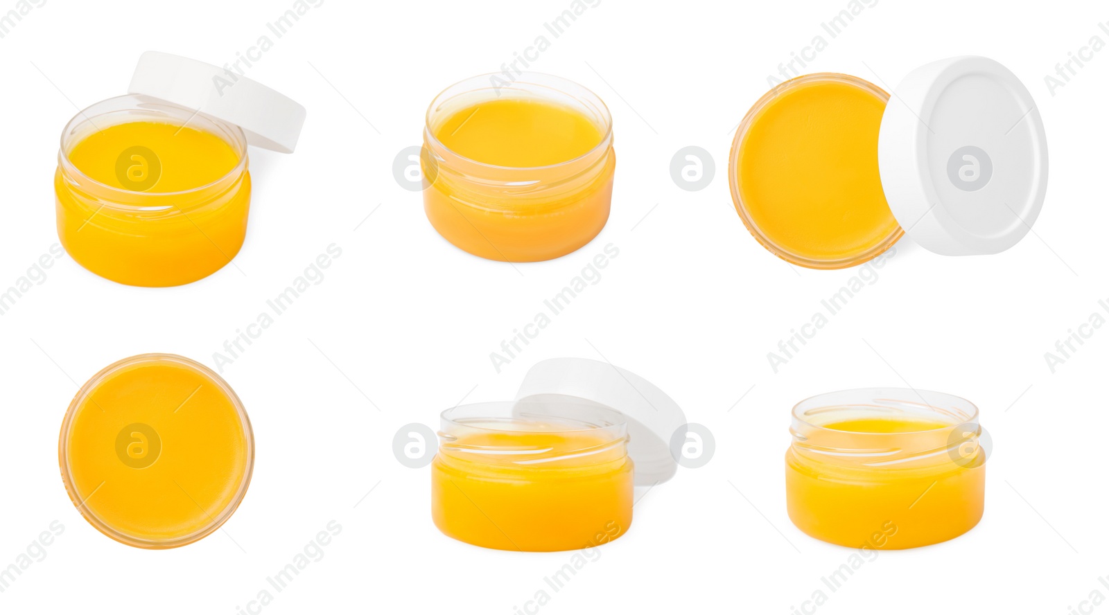 Image of Collage with yellow petroleum jelly in jar on white background, different sides. Cosmetic petrolatum