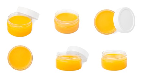 Image of Collage with yellow petroleum jelly in jar on white background, different sides. Cosmetic petrolatum