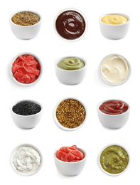 Image of Set of different delicious sauces and condiments on white background