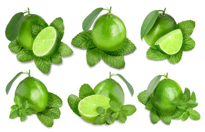 Image of Fresh ripe limes and green mint leaves isolated on white, set