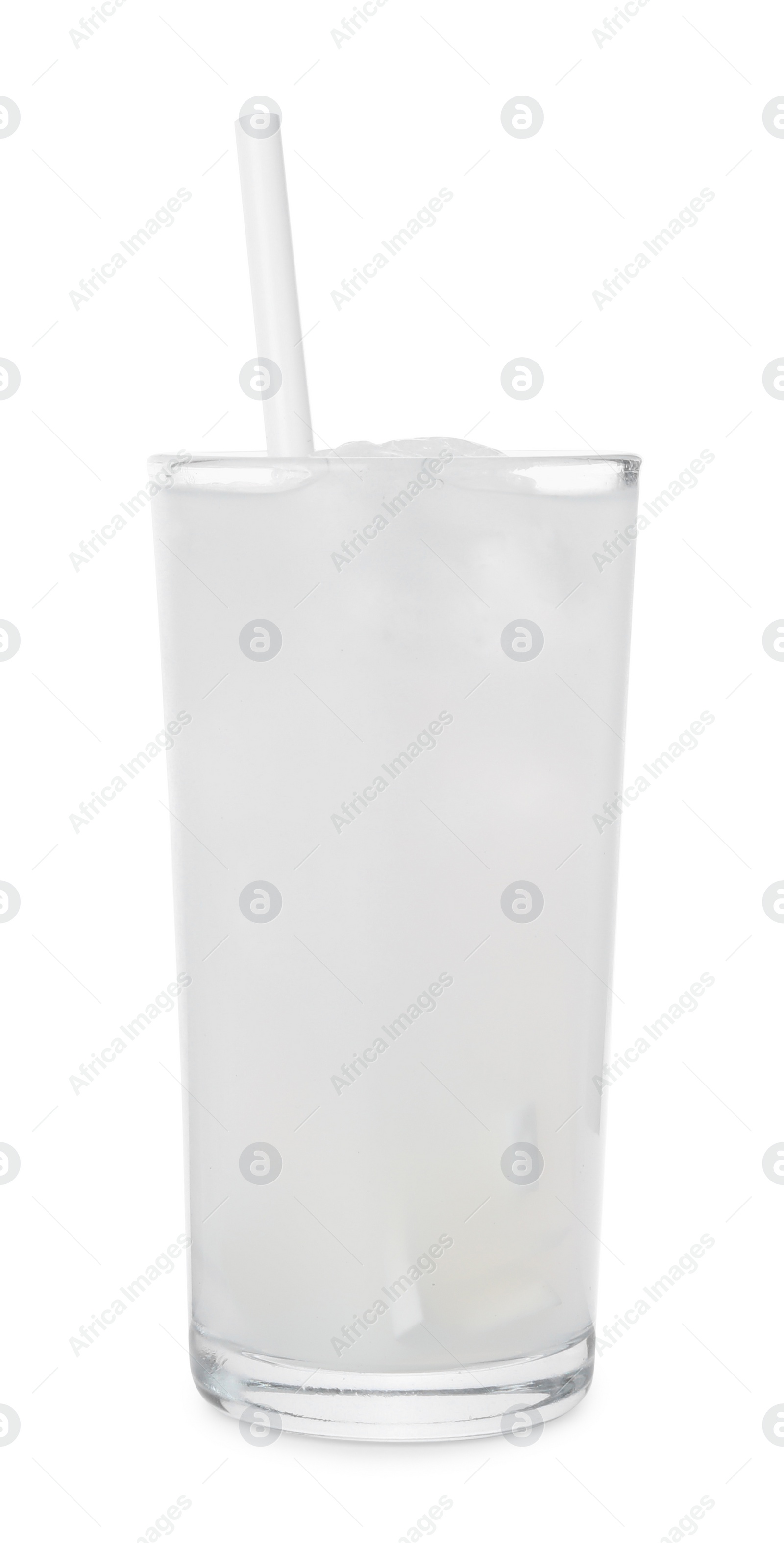 Photo of Glass of coconut water with ice cubes isolated on white